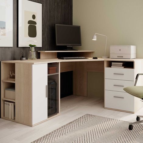 Bureau d&039angle Efford avec espace de rangement - chêne/blanc (1/4)