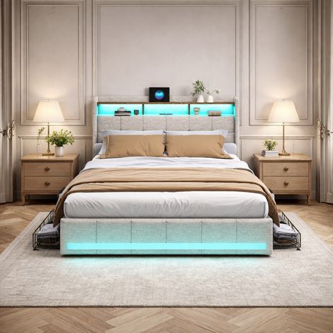 Lit Capitonné 140x200 cm Sommier LED et 2 USB, Type-C, Lit Double Adulte avec 4 Tiroirs, Rangement, pour Adultes, Adolescents, Lin, Beige (1/5)