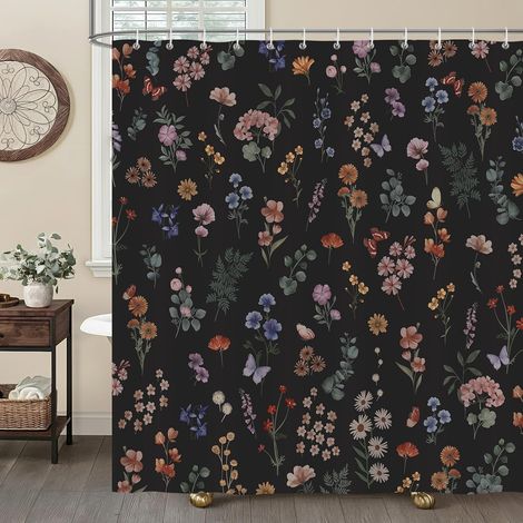 Rideau de Douche Fleurs Noires, Rideau de Baignoire Vintage Boho Feuille Floral Ferme Rustique 180 x 180 cm Polyester Imperméable Résistant à la Moisissure 12 Crochets (1/5)