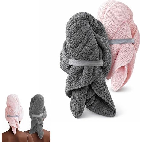 Serviette Cheveux Longs XXL 100x60 cm, Lot de 2 Serviettes Microfibre Absorbantes, Ne Glisse Pas, Bande Élastique Renforcée, Séchage Rapide (1/5)
