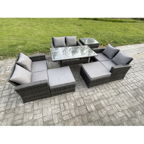 Fimous 8 Seater Wicker PE Rattan Garden Furniture Sets Outdoor Lounge Sofa Set with Oblong Dining Table Double Seat Sofa 2 Big Footstool Side Table Dark Grey Mixed (1/5)