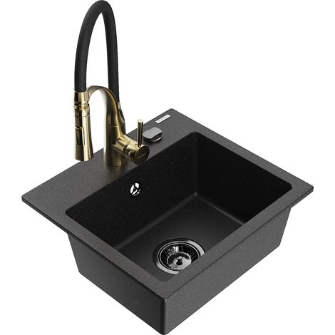 Mexen Milo lavello in granito a 1 vasca con miscelatore da cucina Aster, nero/argento metallizzato - 6505-73-73450-57-B (1/5)