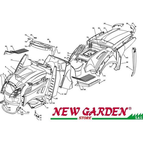 Esploso carrozzeria 122cm XX220HD trattorino rasaerba CASTELGARDEN ricambi 86 COPERCHIO ANGOLARE SINISTRO
