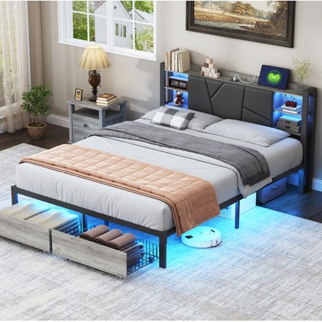 Letto matrimoniale 140x200 cm nero in pannello truciolare con LED, USB e cassetti (1/5)