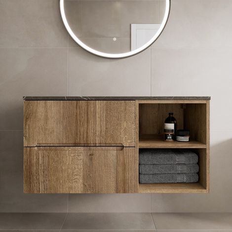 1000mm Bathroom Vanity Unit Grey Marble Countertop Wall Hung Fluted Oak Unit (1/5)