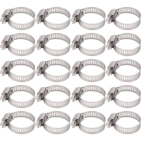 Lot de 20 colliers de serrage pour tuyaux d'arrosage, fixations en acier inoxydable 304, fente intérieure et hexagone extérieur.