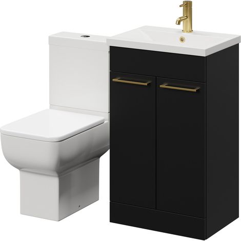 Wholesale Domestic Alessio Matt Black 500mm Vanity Unit and Toilet Suite including Open Back Toilet and Floor Standing Vanity Unit with 2 Doors and Brushed Brass Handles (1/5)