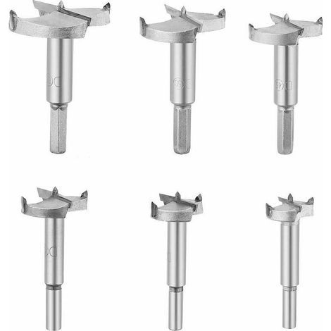 Juego de 6 brocas de carburo para madera, con diámetros de 30/35/40/45/50/60 mm, para trabajos de carpintería, perforación de agujeros, montaje de puertas con rodamientos de bolas, madera, cajones y p (1/5)