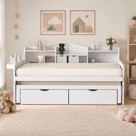Cama nido 204,6x110x100 cm blanca con cajones y USB, ahorro de espacio, sin colchón – MEUBLIV (1/5)