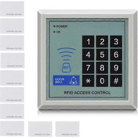 Système de contrôle d'accès RFID autonome : protection de sécurité, lecteur de cartes de proximité 125 kHz, 1 000 utilisateurs, déverrouillage par mot de passe/carte et 10 cartes d'identification. (1/5)