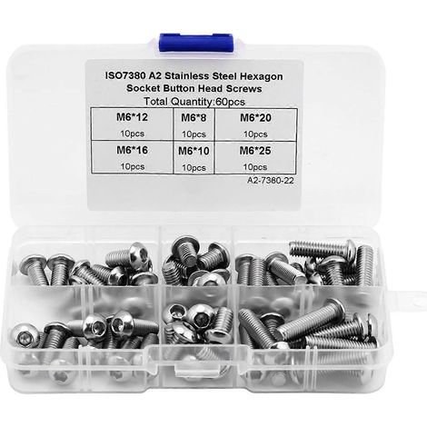 60 vis à tête cylindrique creuse M6 en acier inoxydable avec tête bombée, visserie et accessoires de montage dans une boîte en plastique