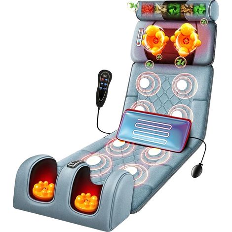 Tapis de massage complet du corps avec masseur de pieds, coussin de massage chauffant avec 10 nœuds vibrants, 5 modes et 3 intensités avec appuie-tête amovible pour soulager les douleurs du dos/du cou (1/5)
