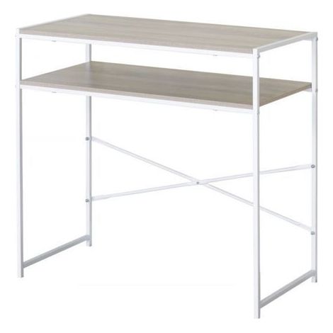 Bureau informatique - JUANIO - Compact 77x40x75 cm - Plateau effet bois naturel - Structure métal blanche - Étagère intégrée (1/5)