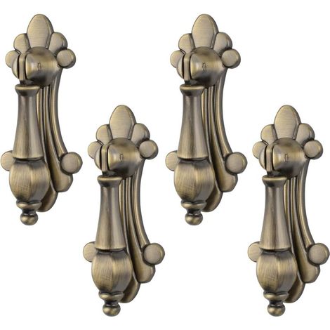 Juego de 4 tiradores colgantes de aleación de zinc y bronce tallado vintage con un solo orificio para armarios, alacenas, cajones, puertas y muebles decorativos -Crezuo