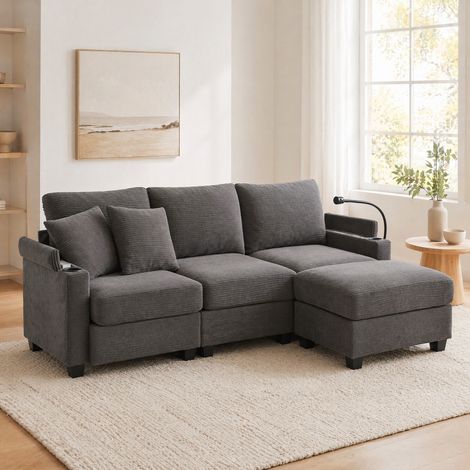 Canapé d'angle convertible 3 places avec pouf, USB, porte-gobelet, gris foncé HAVRYA (1/5)