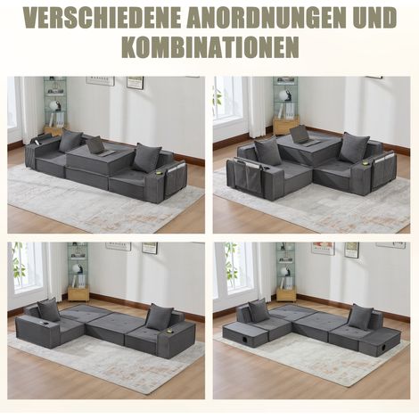 Canapé-lit double moderne avec canapé 2 places en tissu confortable, deux coussins inclus. Pouf décoratif élégant avec rangement latéral et porte-verres, parfait pour coin lecture et salle de jeux. (1/5)