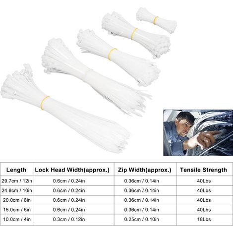 Sets mit 600 Kabelbindern in verschiedenen Größen (4/6/8/10/12 Zoll) aus strapazierfähigem, selbstverriegelndem Nylon, geeignet für den Innen- und Außenbereich. (1/5)