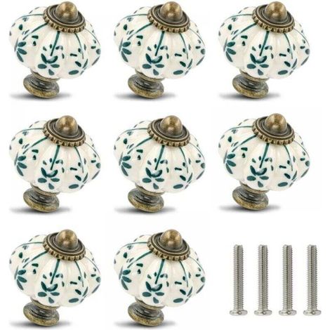 Ensemble de 8 boutons en céramique ivoire et verte - Boutons citrouille pour armoires et commodes rétro - Boutons de tiroir vintage avec vis pour armoires et tiroirs (1/5)
