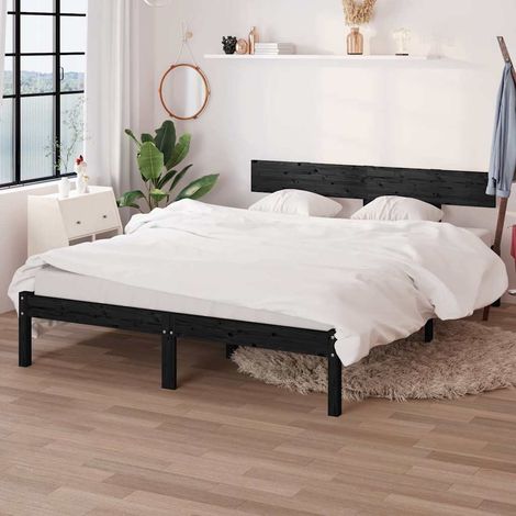 Lit double pour adulte Cadre de lit - Noir Bois de pin massif 135x190 cm UK double BV547381 - BonneVie (1/5)