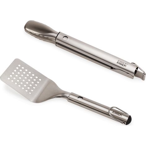 GrillOut™ Joseph Joseph, Juego de 2 piezas para BBQ, espátula y pinzas con cabezales retráctiles, acero inoxidable, perfecto para parrilladas, fácil de limpiar y almacenar