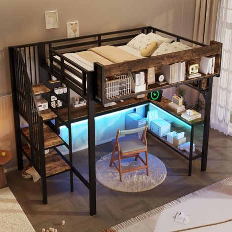 REDOM Lit mezzanine 140x200 cm avec bureau d'angle rangement et panneau perforé bois noir et brun vintage (Sans matelas)