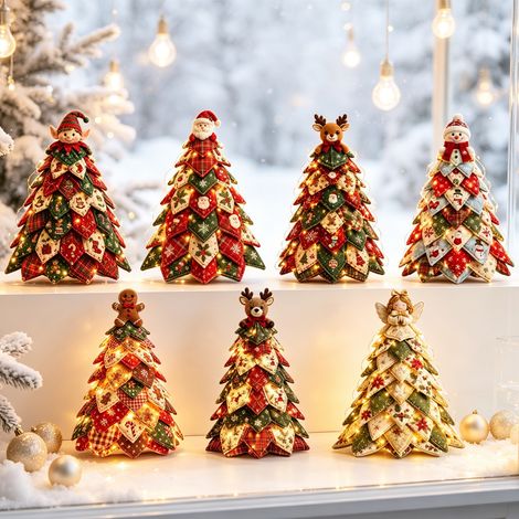 Ensemble sapin de Noël matelassé à faire soi-même avec guirlandes lumineuses LED - Décoration de bureau en polyester résistant - Nouveau motif renne (1/5)