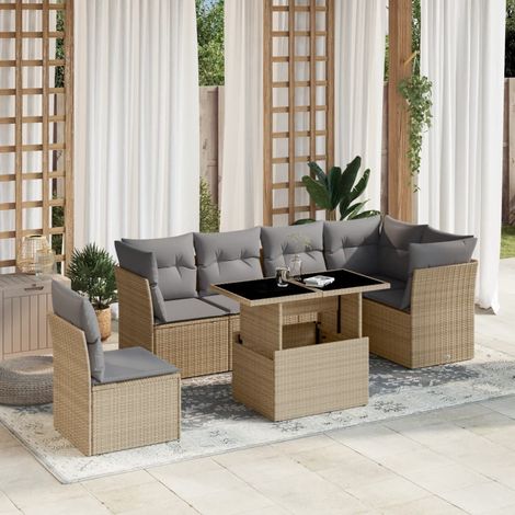 Set sofás de jardín 7 piezas y cojines ratán sintético beige vidaXL (1/5)