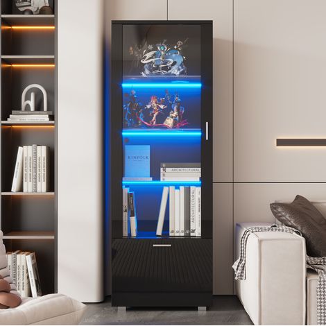 Vetrina alta 40x50x160 cm nera in acrilico e truciolare con LED, ripiani in vetro temperato, chiusura soft-close (1/5)