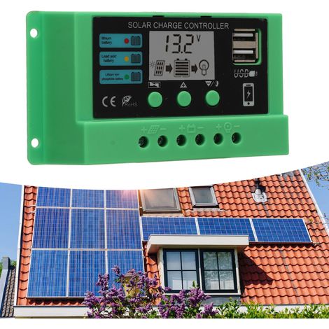 Contrôleur solaire à coque verte avec contrôleur de charge solaire PWM LCD, adaptatif 12V/24V, 30A. (1/5)