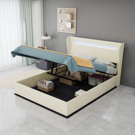 Letto 140x200 cm in tessuto e metallo beige con LED, contenitore e materasso – MEUBLIV (1/5)