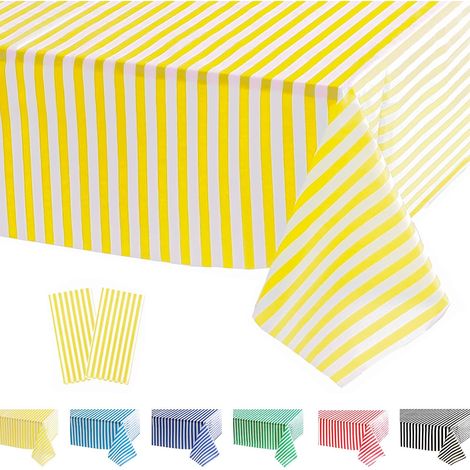 2 Pièces Nappes Jetables Rectangulaire, Nappe Anniversaire Nappes à Rayures Jaune et Blanches, 137x274cm Nappe Jetable Plastique Fete pour Picnic,Exterieur,Jardin,Automne,Noël,Mariage,Halloween (1/3)