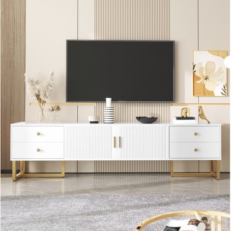 Mueble TV 175x30x46 cm blanco MDF - 4 cajones, 2 puertas y patas doradas (1/5)