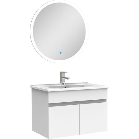 Ensemble meubles Salle de Bain simple vasque 60cm + miroir rond lumineux Blanc (1/4)