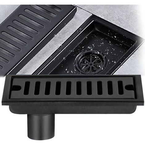 Siphon de sol rectangulaire, siphon de sol en acier inoxydable noir 20x10cm siphon de sol de douche avec double filtre adapté au drainage de la salle de bain des toilettes balcon de la cuisine (1/4)