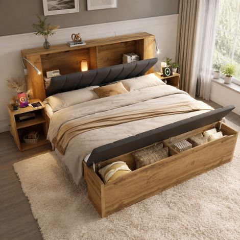 Lit double 160x200 cm en bois et métal, chêne, rangements, pour chambre, sans matelas – MEUBLIV (1/5)