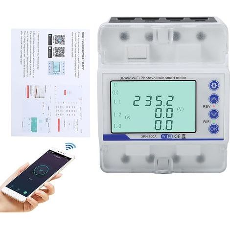 Compteur electrique triphasé 100A 380V AC Smart meter 3 phases wifi Compteur bidirectionnel avec asymétrie de tension/perte de phase/retard de surintensité/protection contre les sous-tensions. (1/5)