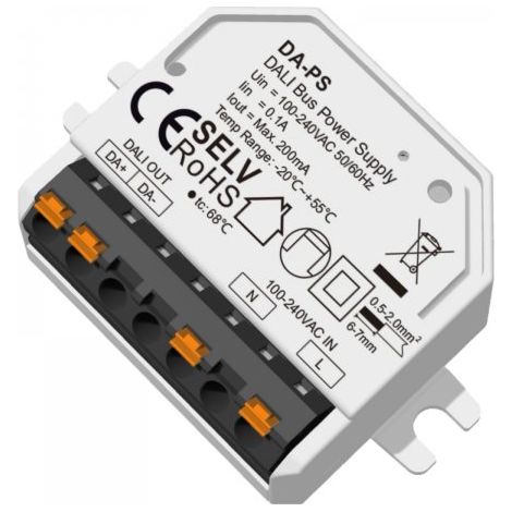 Mini Alimentatore Bus DALI, Input 220V, Uscita 16V DC Max 200mA, Protezione da Cortocircuito, per Master e Dispositivi di Controllo Illuminazione, 56X38X18mm Da Incasso