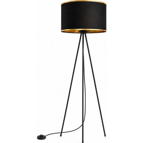 Lampadaire Trépied Moderne Noir avec Abat-jour en Tissu Noir et Doré, Lampe sur Pied E27 avec Interrupteur au Pied pour Salon Chambre Bureau