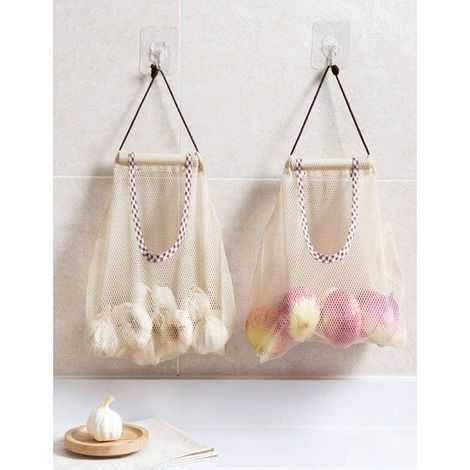 2 pièces Sacs Filets Rangement Suspendus Économiseurs d'Espace pour Fruits, Cuisine et Salle de Bain (1/5)