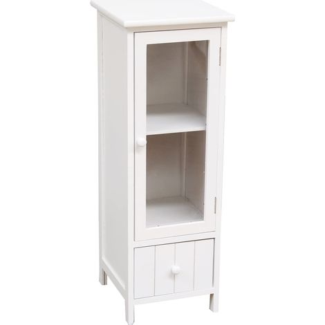 Petite étagère - 1 tiroir-étagère en Bois Blanc avec Armoire en Verre et Un tiroir avec Lignes Verticales. Idéal pour décorer la Salle de Bain de la Maison. (31×29×83)