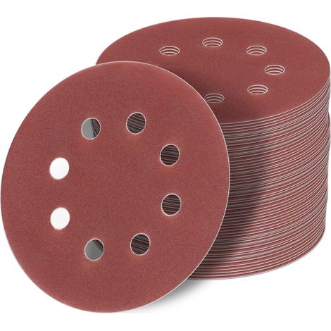 50 disques abrasifs excentriques de 125 mm, grain P220, 8 trous, film rouge, papier de verre auto-agrippant (1/3)