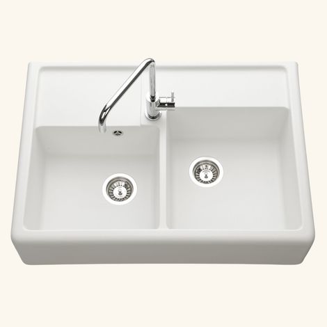 Kümbad – Évier timbre d'office granit blanc grisé 89,5x63 cm – 2 bacs – Vidage manuel – Pour meuble sous évier 90 cm