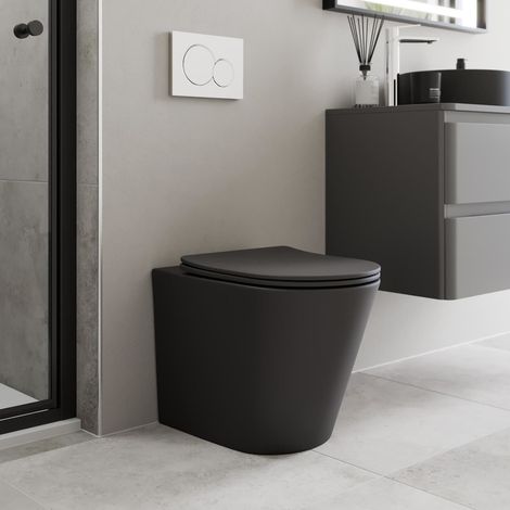 Modern Bathroom Back to Wall BTW Rimless Toilet Pan Soft Close Seat Matt Black (1/4)