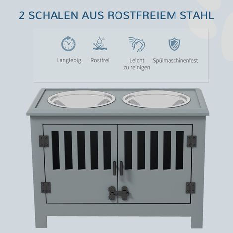 Station de repas surélevée pour chien de grande taille, 2 bols inox, compartiment de stockage, 35,5 x 60 x 30 cm, grise (1/4)