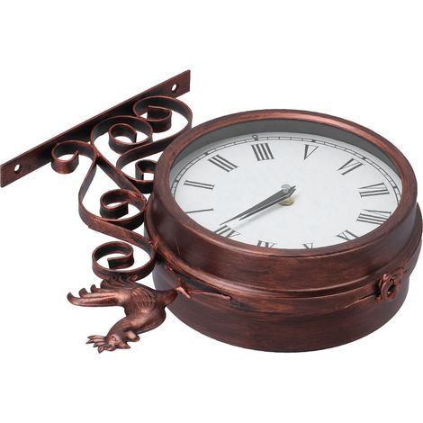 Horloge murale en fer forgé, motif coq, double face, en laiton antique, avec chiffres romains, idéale pour la maison et le jardin. (1/5)