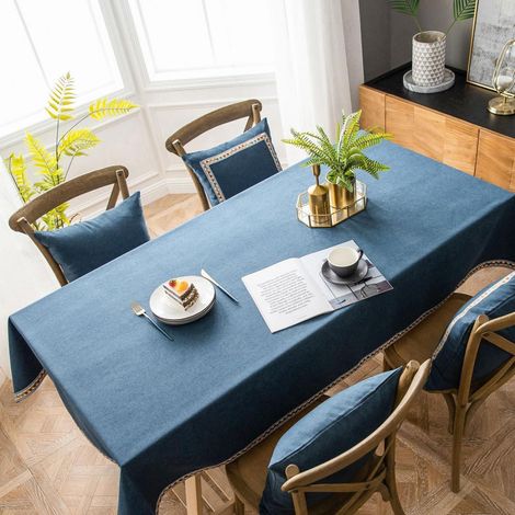 Tischdecke Vintage Boho Baumwolle Leinen 130x200cm blau mit Quasten faltenfrei waschbar