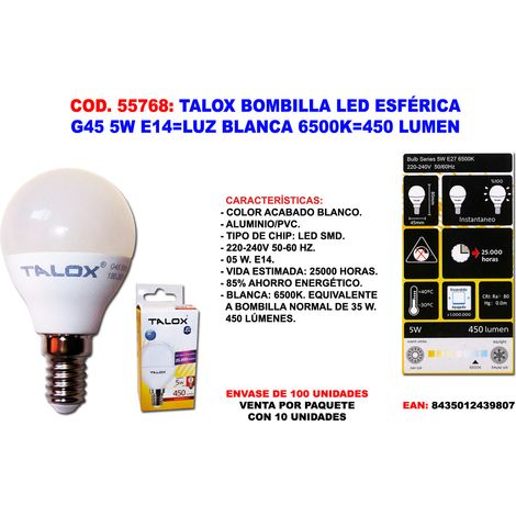 talox bombilla led esferica g45 5w e14 l.blanca 6500k 450 lumen
