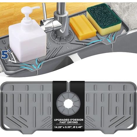 BEBUSINGOTO Tapete de silicona para bandeja de goteo con manija para grifo, soporte para esponja y jabón lavavajillas para fregadero de cocina, tapete de secado para encimera (gris) (1/5)