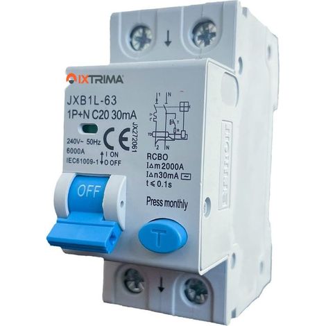 Interrupteur magnétothermique différentiel 1P+N 20A 30mA 220V-6KA 2 modules pour rail DIN - Protection circuit et sécurité installations (1/2)