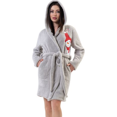 Bata de mujer gruesa con capucha corta, estampado de muñeco de nieve, talla L 40 (1/5)